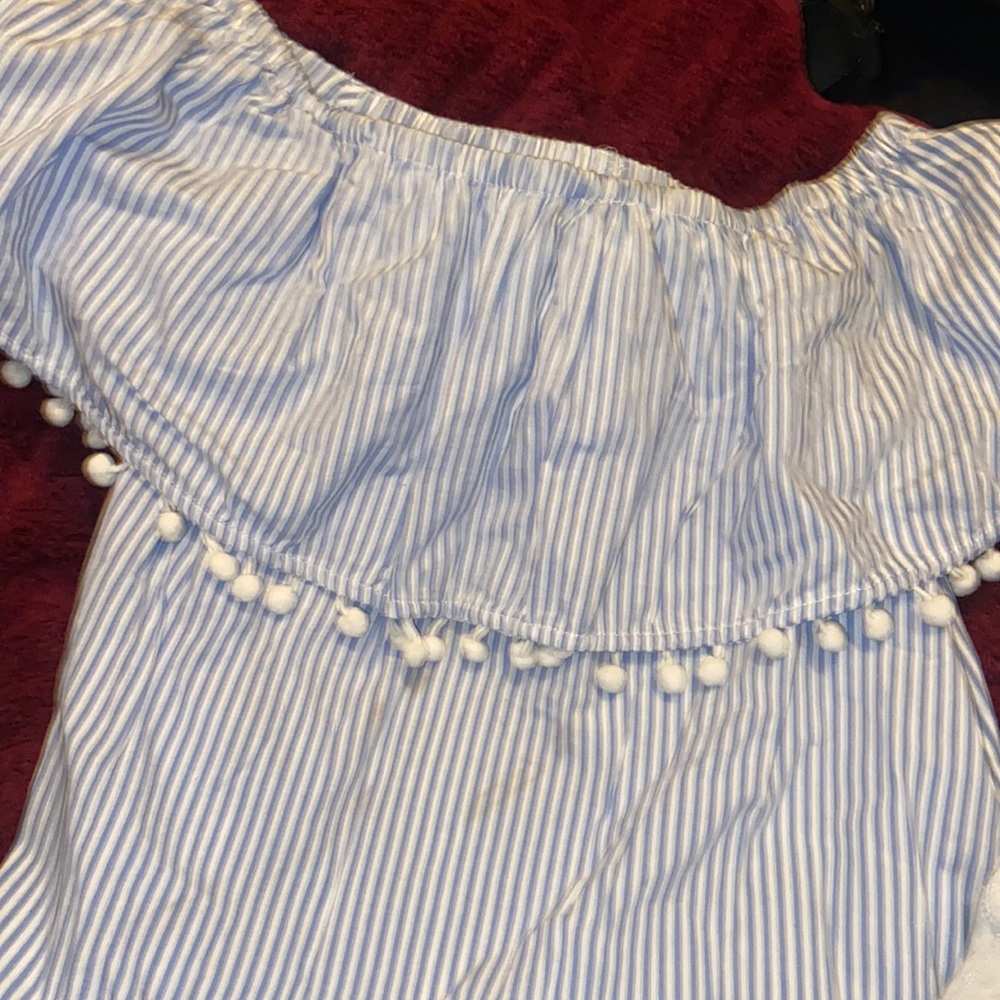 Short off the shoulder blue stripped dress